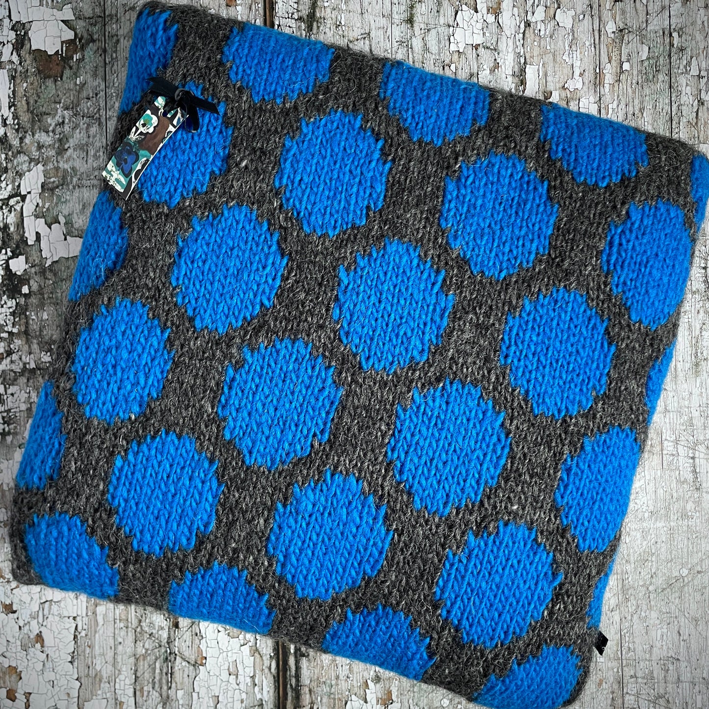 Hand Knitted Wool Cushion Blue Spots On Grey Tweed