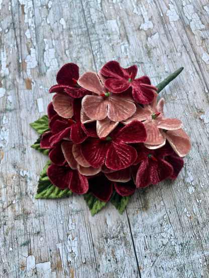 40's Style Vintage Velvet Flower Brooch Wine + Dusky Pink