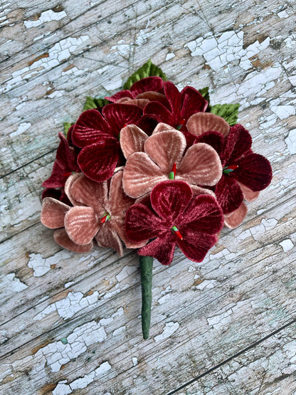 40's Style Vintage Velvet Flower Brooch Wine + Dusky Pink