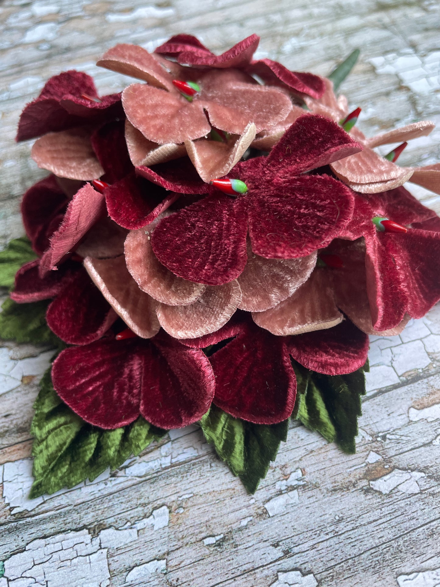 40's Style Vintage Velvet Flower Brooch Wine + Dusky Pink