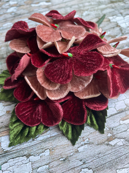 40's Style Vintage Velvet Flower Brooch Wine + Dusky Pink