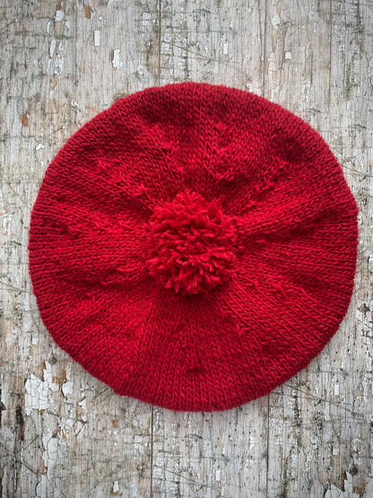 Beret Hand Knitted In Red Wool