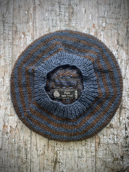 Breton Stripes Hand Knitted Wool Beret Denim Blue + Dark Chocolate