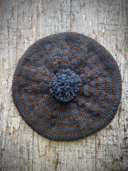 Breton Stripes Hand Knitted Wool Beret Denim Blue + Dark Chocolate