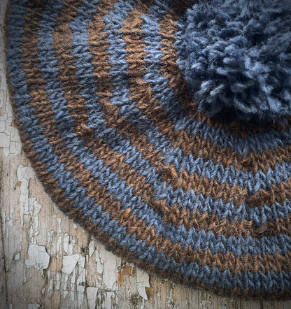 Breton Stripes Hand Knitted Wool Beret Denim Blue + Dark Chocolate