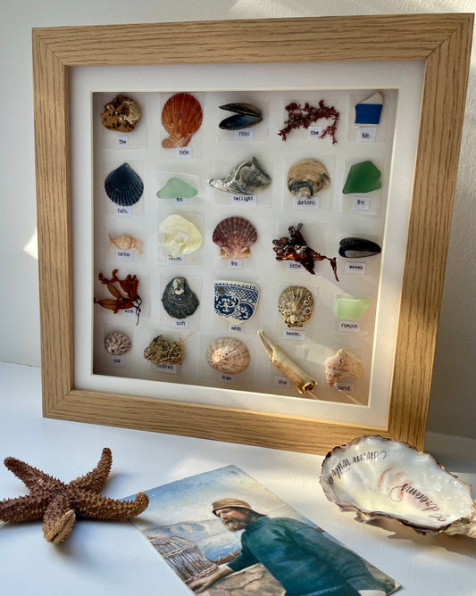 All these amazing items were found on the Dorset beach just a 100 yards from my home and each piece was carefully chosen to give an interesting and varied selection of finds. There may be: shells, seaweed, coral, seed pods, glass, pottery, crabs, pebbles, metal, barnacles or parts of crustaceans. Each find is attached to the cream background with a single word from a poem about the sea below it. The art work has a cream mount and sits inside a light oak coloured, 3D box frame, with perspex rather than glass