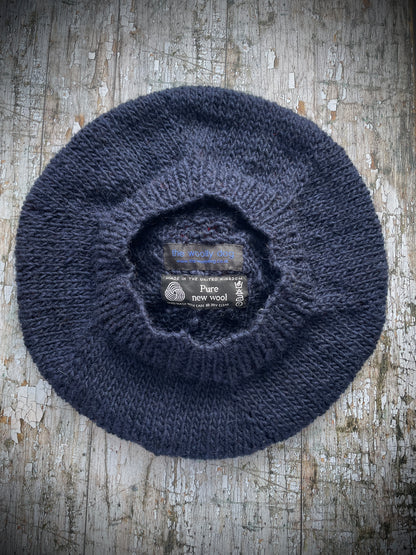 Beret hand Knitted In Navy + Red Wool