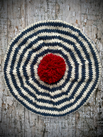 Breton Stripes Hand Knitted Wool Beret Denim Blue + White + Red