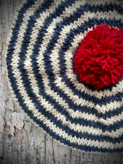 Breton Stripes Hand Knitted Wool Beret Denim Blue + White + Red