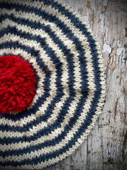 Breton Stripes Hand Knitted Wool Beret Denim Blue + White + Red