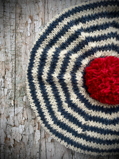 Breton Stripes Hand Knitted Wool Beret Denim Blue + White + Red
