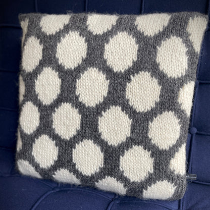 Hand Knitted Wool Cushion Cream Spots On Grey Tweed