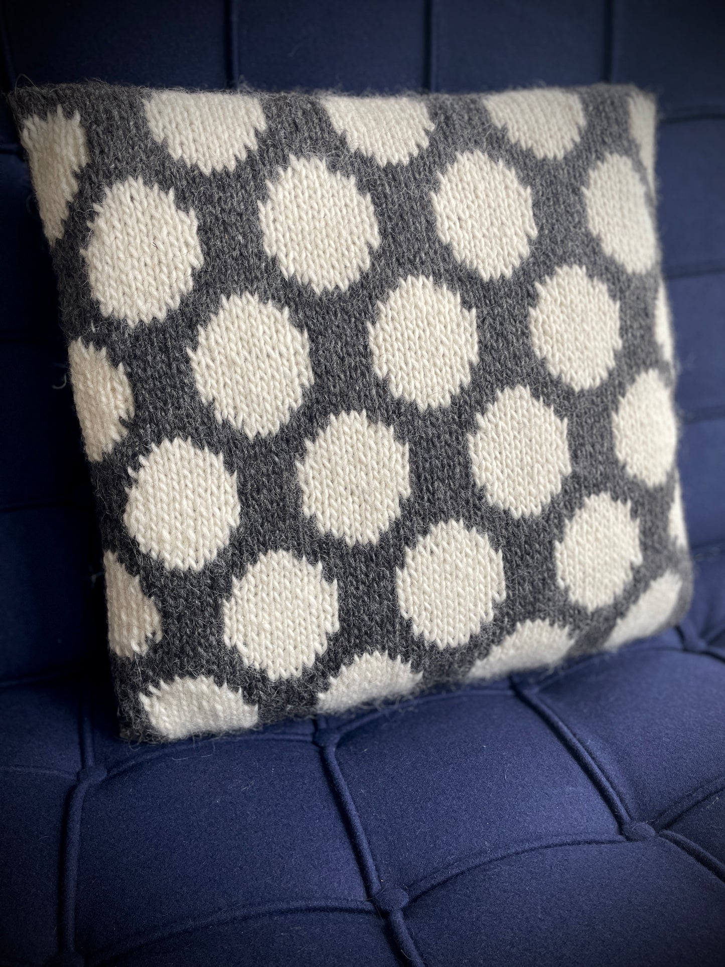 Hand Knitted Wool Cushion Cream Spots On Grey Tweed