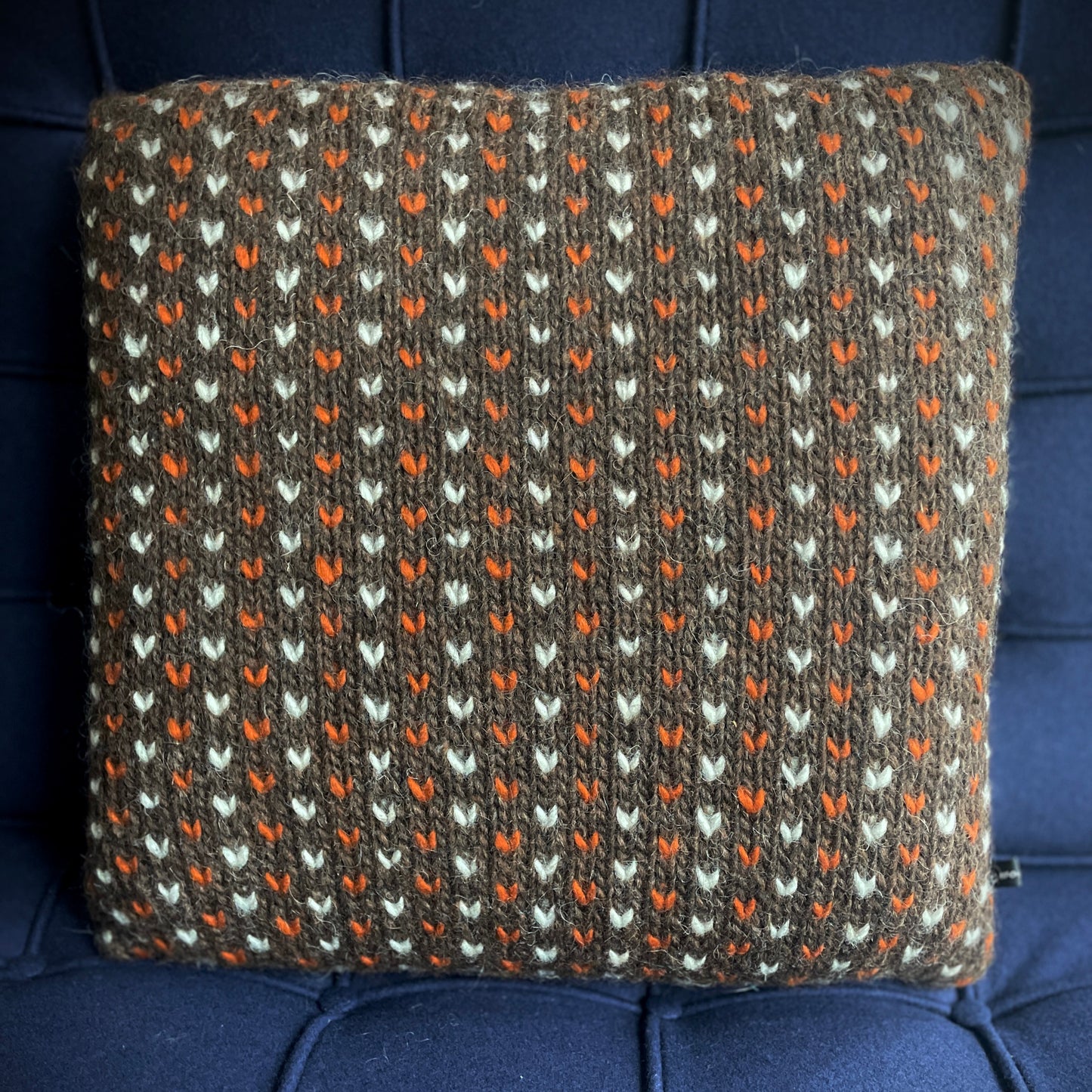 Hand Knitted Wool Cushion Brown, Ginger + White