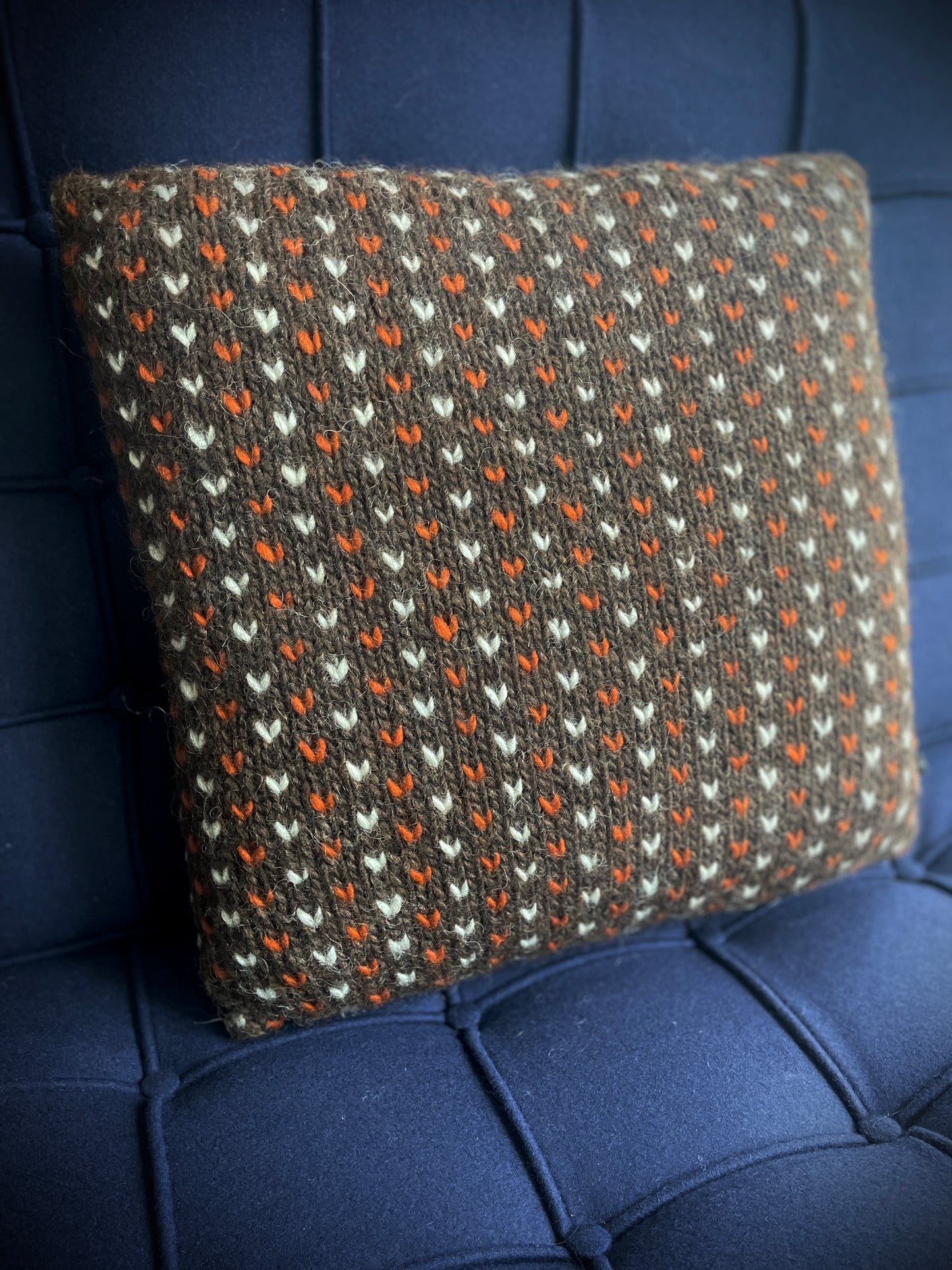 Hand Knitted Wool Cushion Brown, Ginger + White
