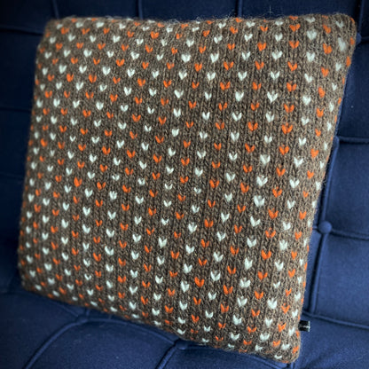 Hand Knitted Wool Cushion Brown, Ginger + White