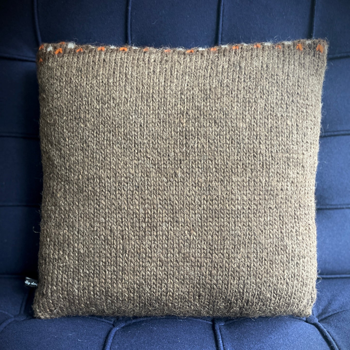 Hand Knitted Wool Cushion Brown, Ginger + White