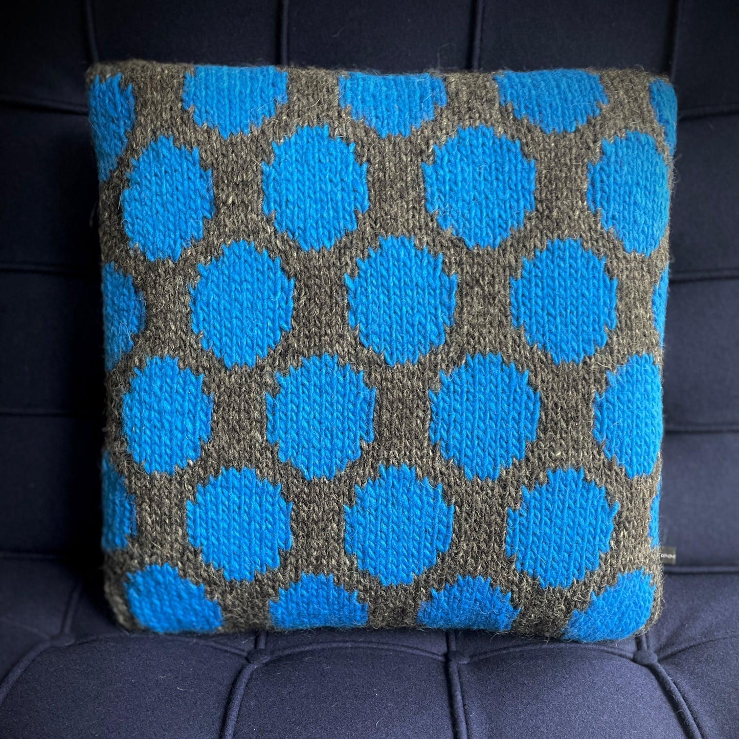 Hand Knitted Wool Cushion Blue Spots On Grey Tweed