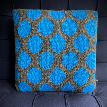 Hand Knitted Wool Cushion Blue Spots On Grey Tweed