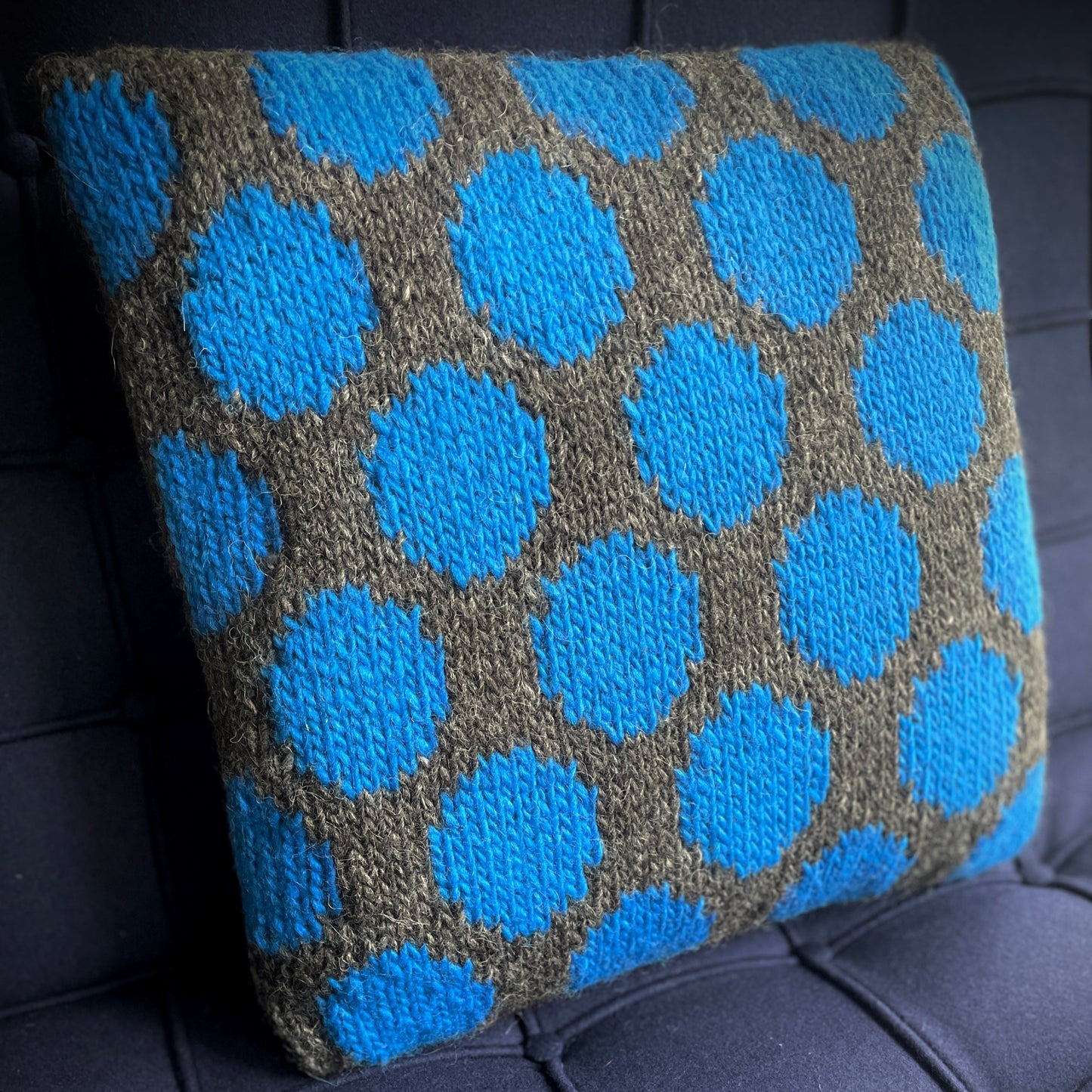Hand Knitted Wool Cushion Blue Spots On Grey Tweed