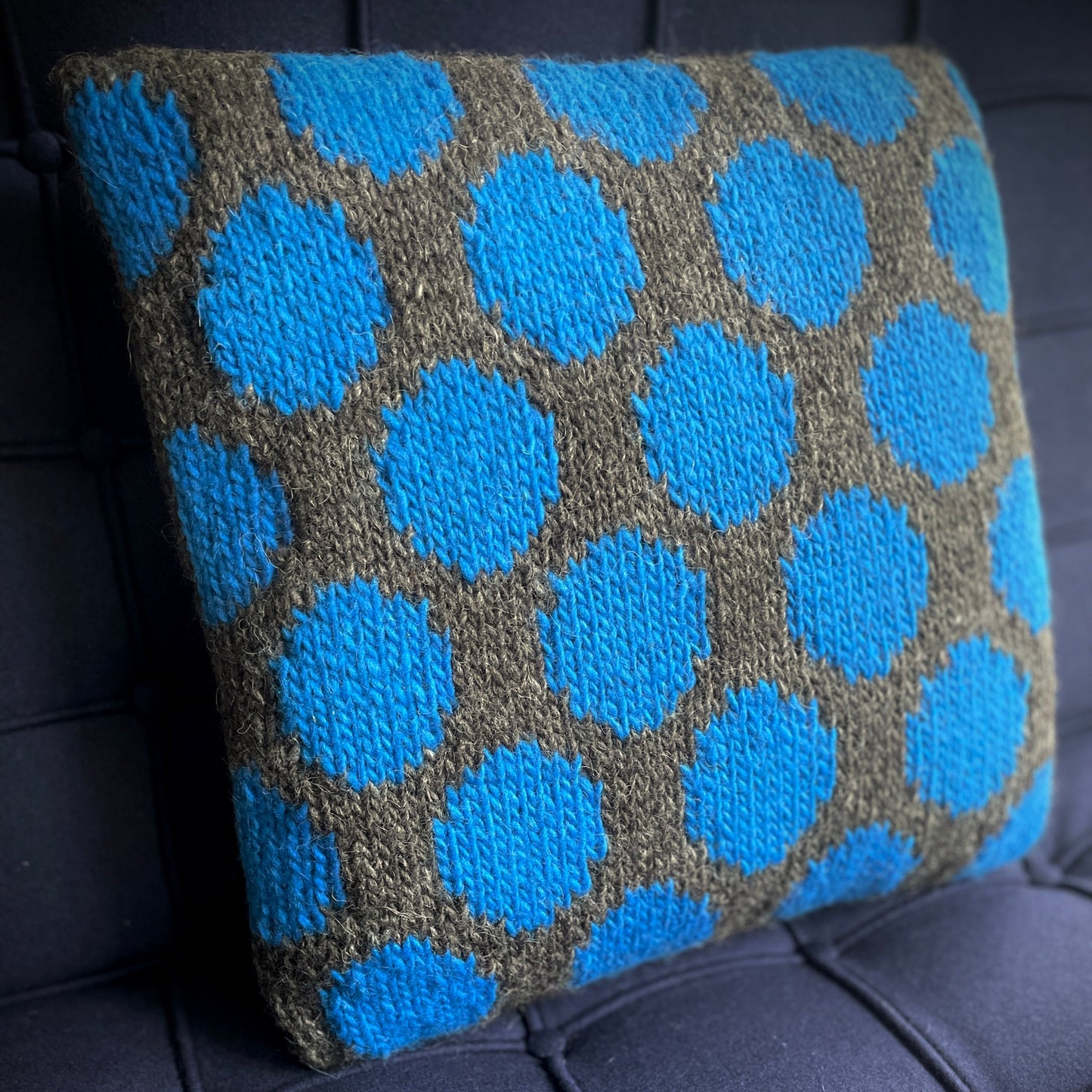 Hand Knitted Wool Cushion Blue Spots On Grey Tweed