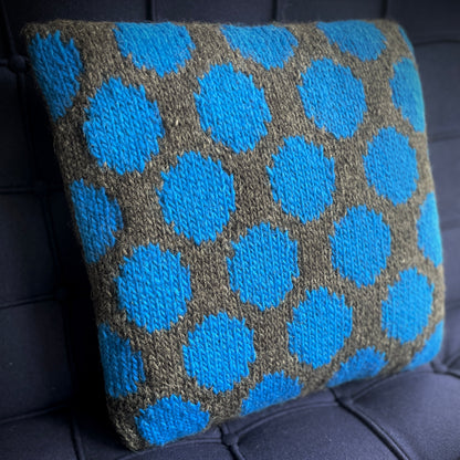Hand Knitted Wool Cushion Blue Spots On Grey Tweed