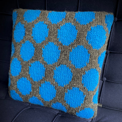 Hand Knitted Wool Cushion Blue Spots On Grey Tweed
