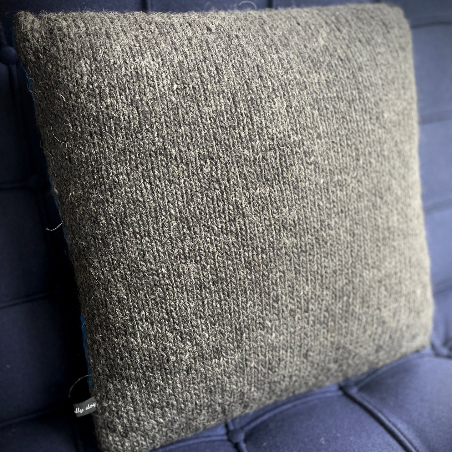 Hand Knitted Wool Cushion Blue Spots On Grey Tweed