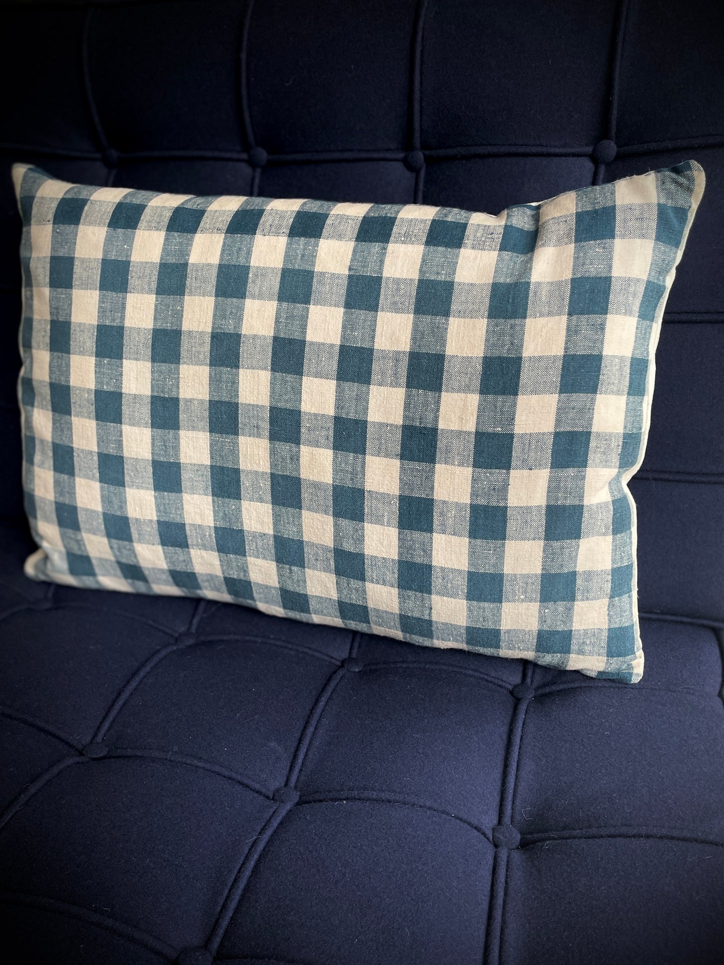 Vintage Linen Cushion Blue + Cream Check