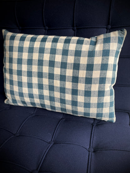 Vintage Linen Cushion Blue + Cream Check