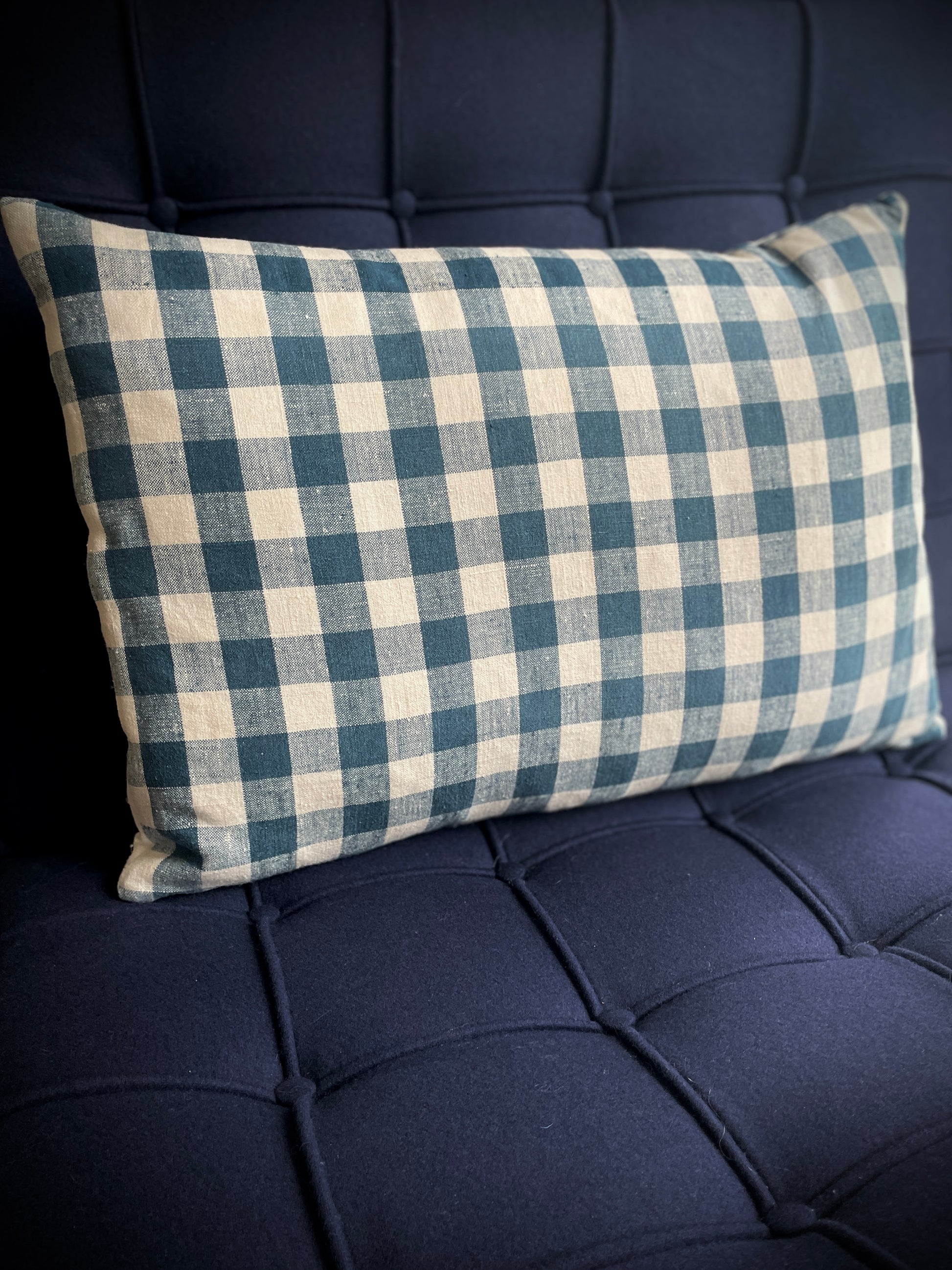 Linen Gingham Cushion

Made by: Sue Pohling - suitably vintage

This beautifully made linen cushion has a blue and cream check linen front with a French vintage linen back. It's filled with a very plump feather pad and has an envelope opening.

Size approximately: 58 cm X 42 cm / 23" X 16".
