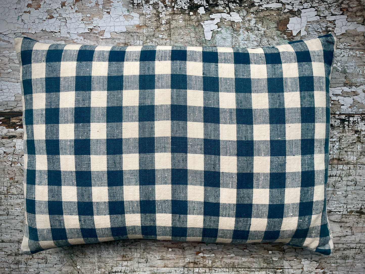 Vintage Linen Cushion Blue + Cream Check