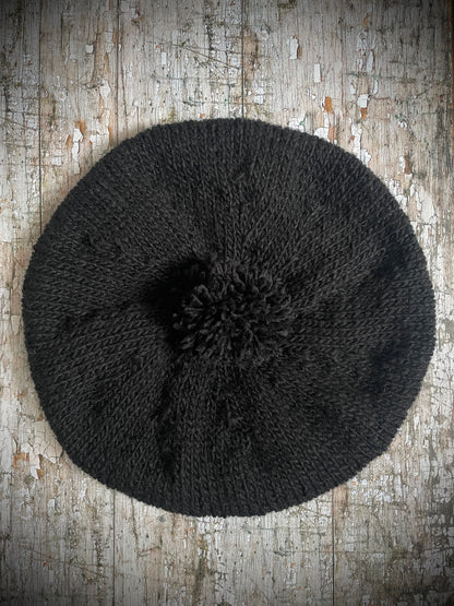 Beret Hand Knitted In Black Wool