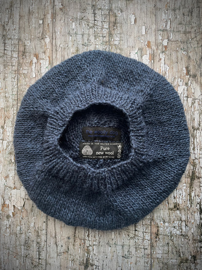 Beret Hand Knitted In Denim Blue + Dark Chocolate Wool