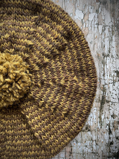 Striped Beret Hand Knitted In Dark Chocolate + Kelp