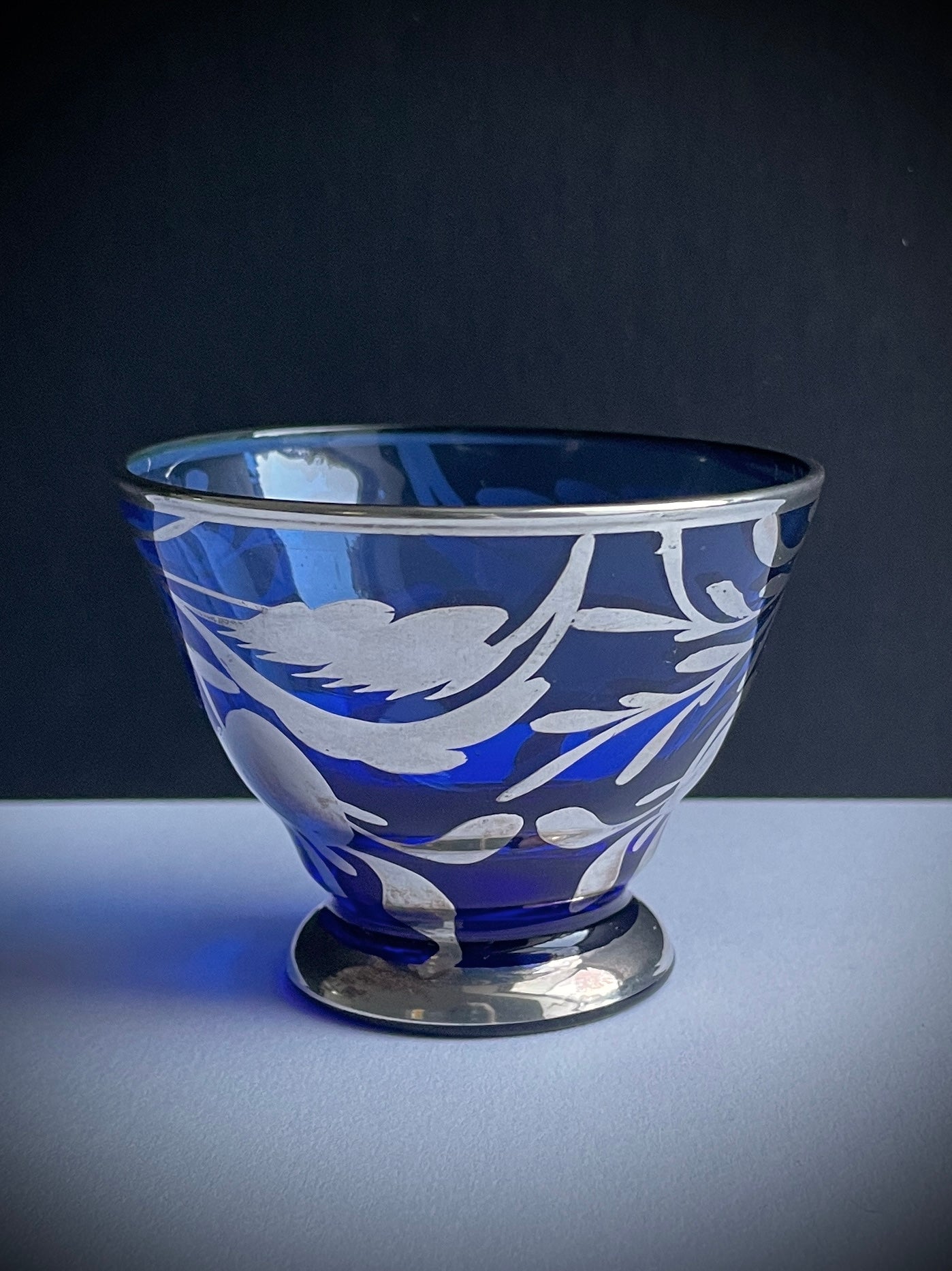 Vintage Silvered Tea Light Holder

This beautiful, small, delicate and rare vintage silvered glass is cobalt blue in colour and overlayed in silver with a pretty hand painted design of leaves and berries. It was made in Italy and originally designed to be used as a cordial or liqueur glass, but is perfect as an original candle and tea light holder.

There are 6 glasses available, all in very good vintage condition with no cracks.