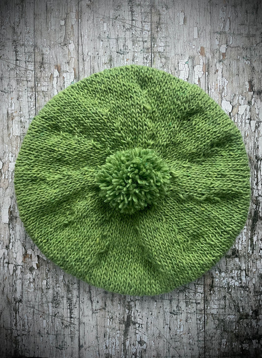 Beret Hand Knitted In Green Tweed Wool