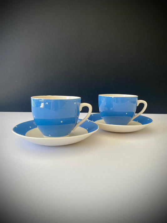 2 Vintage Spot Cups And 2 Saucers.
Unusual cups and saucers in a blue with white spot pattern. They only have 'Made In England' on the bottoms so I don't know the age, but they are obviously vintage and the spot pattern makes me think they are probably from the 40's or 50's.
Note: these are vintage items and may therefore have age related crazing but there are no cracks or chips.
Measurements:
Width of saucers: 14.5 cm / just over 5 + 1/2"
Height of cup: 7 cm / 2 + 3/4"
Width of cup: 8.4 cm / 3 + 1/4"