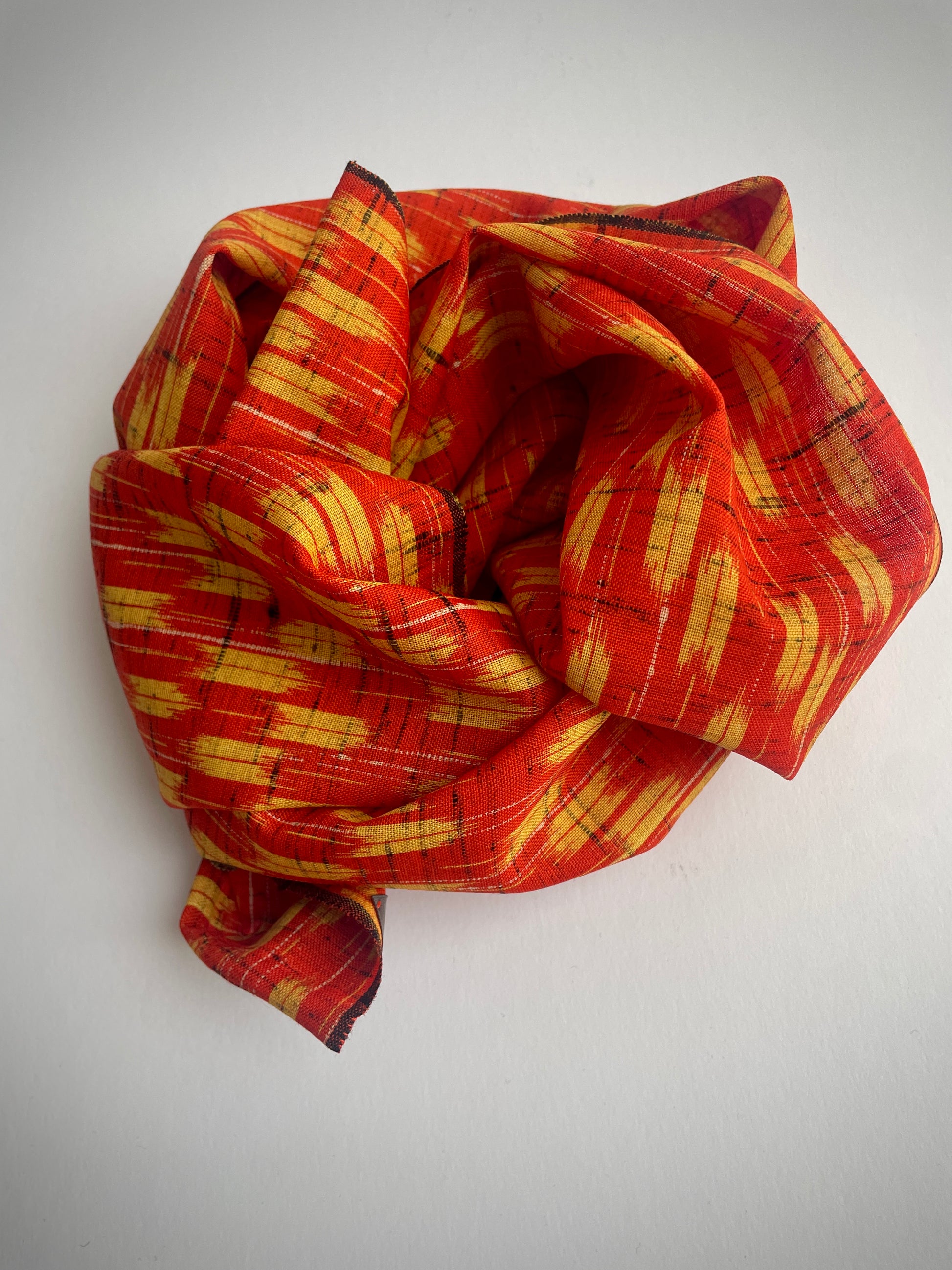 Antique Japanese Fabric Scarf
Lightweight, patterned linen scarf, made from antique Japanese woven Kusakizome fabric, originally used for kimonos. The orange and yellow colours were produced by botanical dying known as Kusakizome. The ends have been hand hemmed.
This is antique fabric... but is in amazing condition with no marks, discolouration or fading.
Length approx: 110 cm X 36.5 cm / 43" X 14+1/4".
Weight approx: 62 g / 2.2 oz
Care: Hand wash in cool water separately from other items.
