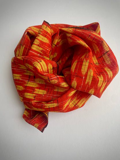 Antique Japanese Fabric Scarf
Lightweight, patterned linen scarf, made from antique Japanese woven Kusakizome fabric, originally used for kimonos. The orange and yellow colours were produced by botanical dying known as Kusakizome. The ends have been hand hemmed.
This is antique fabric... but is in amazing condition with no marks, discolouration or fading.
Length approx: 110 cm X 36.5 cm / 43" X 14+1/4".
Weight approx: 62 g / 2.2 oz
Care: Hand wash in cool water separately from other items.
