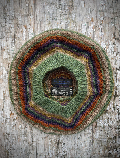 Classic 40's Style Beret no.18

Beautifully hand knitted beret in Icelandic wool, perfect for keeping your head warm on cold days and adding a touch of 40's style to any outfit. Knitted green heather, dark oat, kelp, violet heather, navy, burnt orange and milk chocolate stripes, with a green heather ribbed band that gives the hat a snug fit.

SIZE: adult.

CARE: hand wash or machine wash on wool cycle at 30 degrees, dry flat, do not tumble dry.