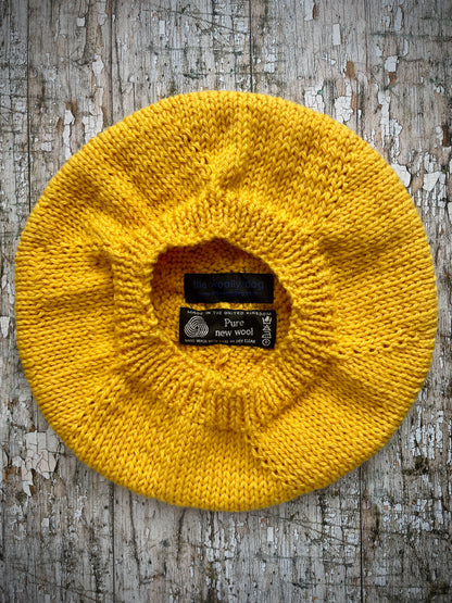 Hand Knitted Wool Beret Yellow Mulesing Free

Beautifully hand knitted beret in pure Peruvian Highland Mulesing free wool, perfect for keeping your head warm on cold days, with a ribbed band that gives the hat a snug fit, knitted in a beautiful bright egg yolk yellow colour.

SIZE: adult.

CARE: hand wash or machine wash on wool cycle at 30 degrees, dry flat, do not tumble dry.