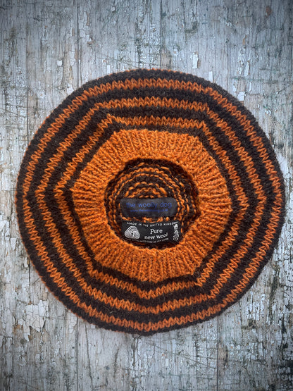 Ginger + Dark Chocolate Breton Stripes Wool Beret

Nautical style beret, beautifully hand knitted with Lettlopi pure new wool, in Breton stripes of ginger and dark chocolate with a big ginger pom and a ginger ribbed band that gives the hat a snug fit. Perfect for keeping your head warm on cold days.

SIZE: adult.

CARE: hand wash or machine wash on wool cycle at 30 degrees, dry flat, do not tumble dry.