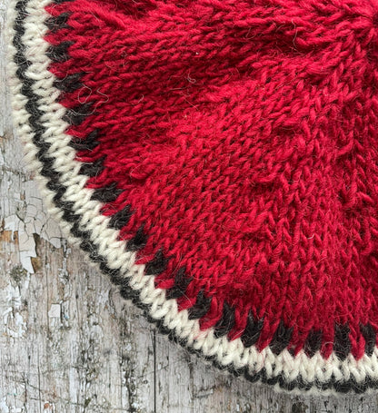 Hand Knitted Wool Beret Red

Beautifully hand knitted beret in Icelandic pure wool, perfect for keeping your head warm on cold days, knitted in red, with a&nbsp; pattern of graphite and white and a ribbed band that gives the hat a snug fit.&nbsp;

SIZE: adult.

DIAMETER: 11+3/4" / 30cm.

CARE: hand wash or machine wash on wool cycle at 30 degrees, dry flat, do not tumble dry.