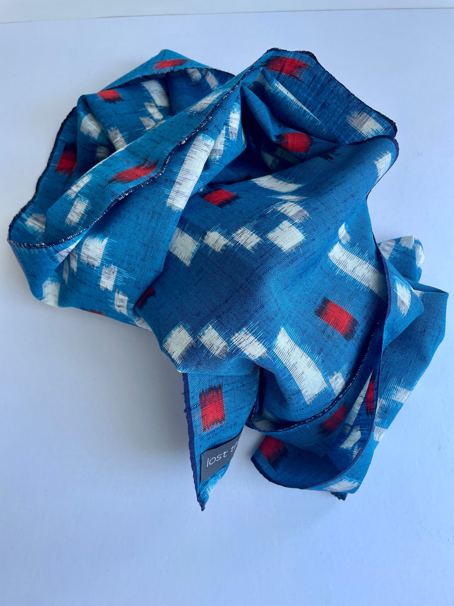 Antique Japanese Kusakizome Fabric Scarf&nbsp;

This long, medium weight, brightly patterned linen and wool scarf, has been made from antique Japanese woven Kusakizome fabric, which was originally used for making kimonos. The blue colour is a mixture of two indigo dyes and the beautiful red colour was produced by eco friendly botanical dying known as Kusakizome. The ends have been hand hemmed.
