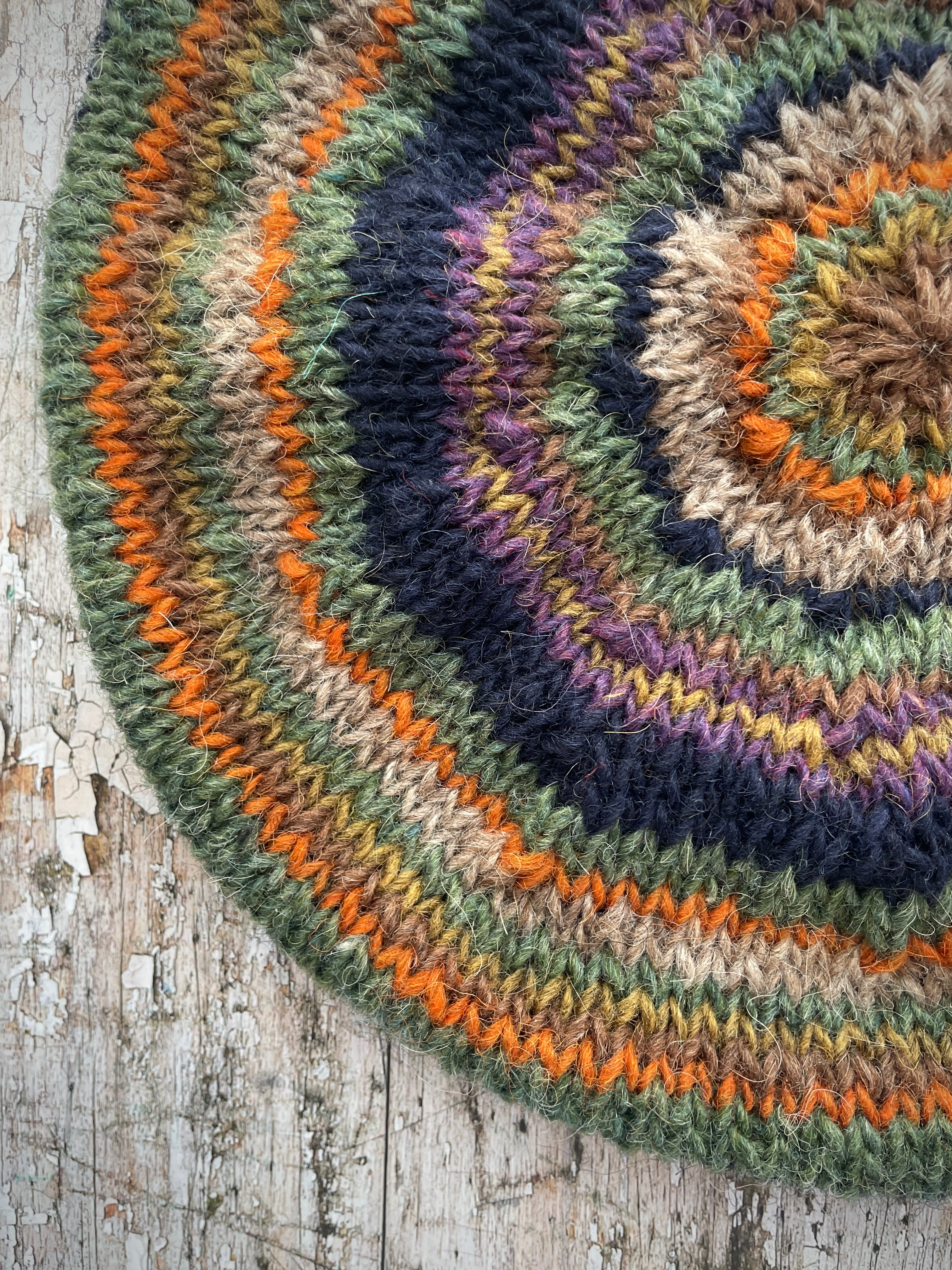 Classic 40's Style Beret no.7
Beautifully hand knitted beret in Icelandic wool, perfect for keeping your head warm on cold days and adding a touch of 40's style to any outfit. Knitted in navy, dark oat, sage, violet heather, dark kelp, burnt burnt orange and milk chocolate brown stripes, with a navy ribbed band that gives the hat a snug fit.

SIZE: adult.

DIAMETER: 11+1/2" / 29cm.

CARE: hand wash or machine wash on wool cycle at 30 degrees, dry flat, do not tumble dry.