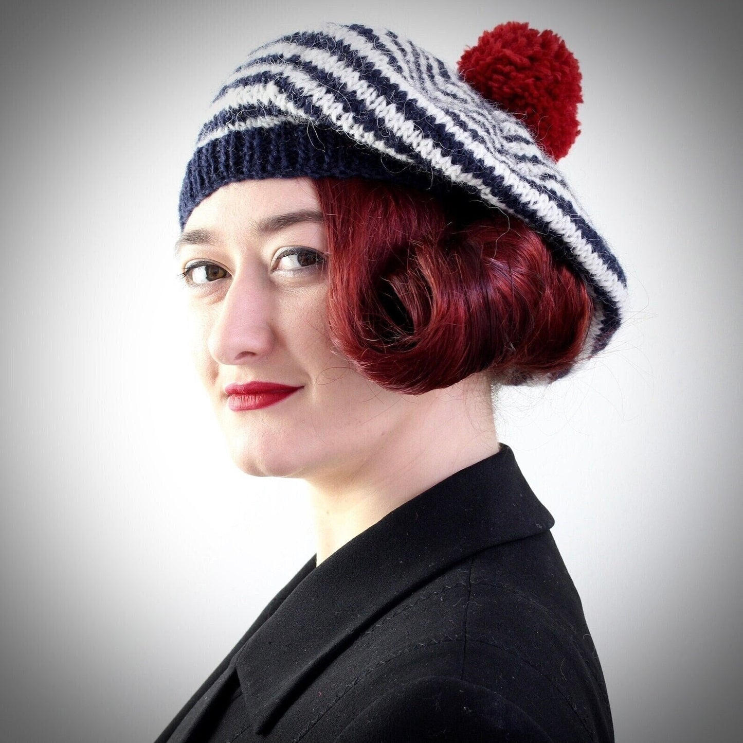 Breton Stripes Hand Knitted Wool Beret Navy Blue + White + Red