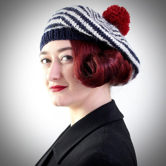 Breton Stripes Hand Knitted Wool Beret Navy Blue + White + Red